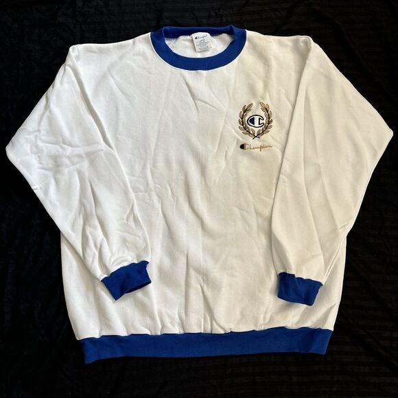 Vintage Champion Pullover Sweater White Blue Logo Reverse Weave 80s Size X LARGE - Picture 1 of 8